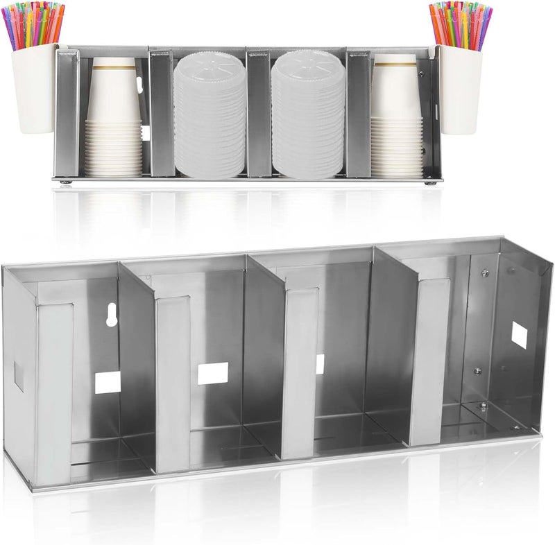 benut Adjustable Stainless Steel Cup & Lid Holder - 4 Compartments, 32 oz Cup Dispenser for Restaurant, Straw Organizer Commercial Cup Holder, 304 Stainless Steel Lid Dispenser - Image 1